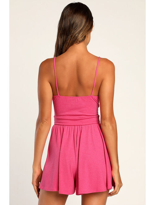 Lulus Sweetest of Dreams Hot Pink Ribbed Twist-Front Cutout Romper
