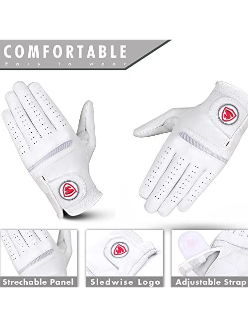 Sledwise Golf Gloves Men - Premium Quality Cabretta Leather Long Lasting Durable, Stable Grip, Natural Fit Golf Glove for Men, White, Pack of 1