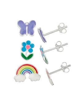 Charming Girl Kids' Sterling Silver Enamel Butterfly, Flower & Rainbow Stud Earring Set