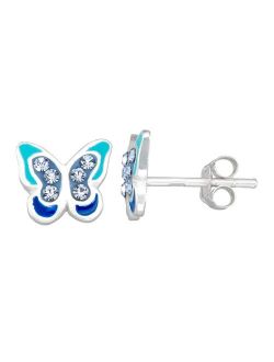 Charming Girl Sterling Silver Enamel Butterfly Stud Earrings with Crystal