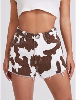 Cow Print Raw Hem Denim Shorts