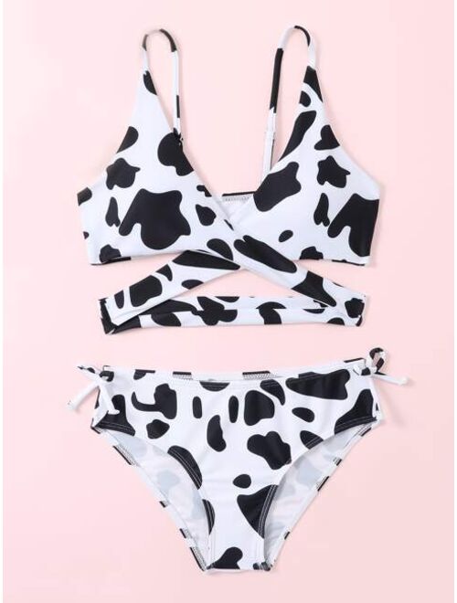 Buy Shein Girls Cow Print Wrap Bikini Swimsuit online | Topofstyle