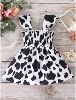 Baby Cow Print Shirred Ruffle Trim Dress