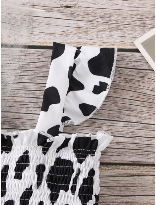 Shein Baby Cow Print Shirred Ruffle Trim Dress