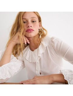 Embroidered ruffle-collar top with eyelet