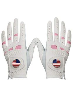 Amy Sport Women's Golf Gloves Left Hand Right with Ball Marker Value 2 Pack, All Weather Grip Rain Soft Leather Pink Size Small Medium Large XL