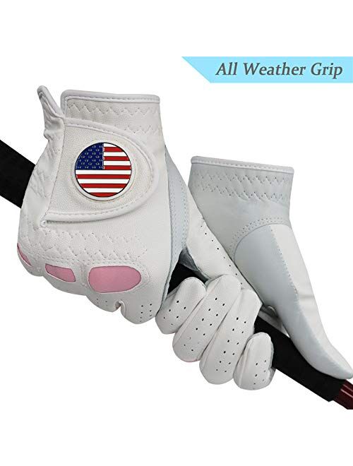 Amy Sport Women's Golf Gloves Left Hand Right with Ball Marker Value 2 Pack, All Weather Grip Rain Soft Leather Pink Size Small Medium Large XL