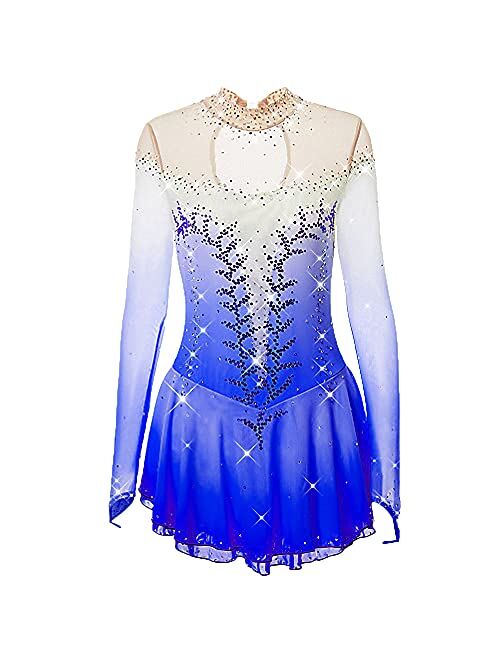 LIUHUO Ice Skating Dress Girls and Women Pink Handmade Figure Skating Professional Competition Costume Long Sleeved Dress