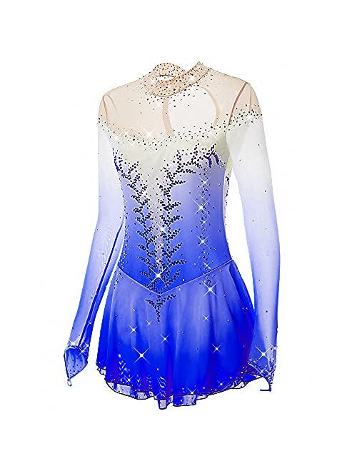 LIUHUO Ice Skating Dress Girls and Women Pink Handmade Figure Skating Professional Competition Costume Long Sleeved Dress