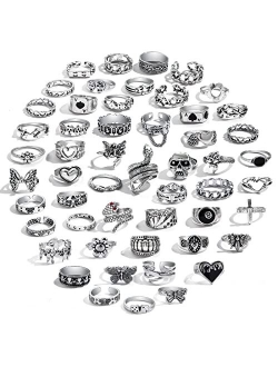 IFKM 15-63 PCS Vintage Silver Knuckle Rings Set for Women Teen Girl, Stackable Joint Finger Statement Rings Bohemian Retro Hollow Carved Midi Rings, Boho Y2k Snake Butter