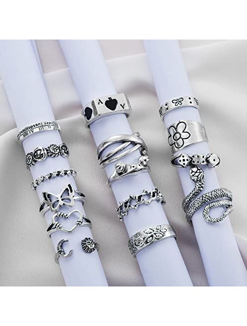 IFKM 15-63 PCS Vintage Silver Knuckle Rings Set for Women Teen Girl, Stackable Joint Finger Statement Rings Bohemian Retro Hollow Carved Midi Rings, Boho Y2k Snake Butter