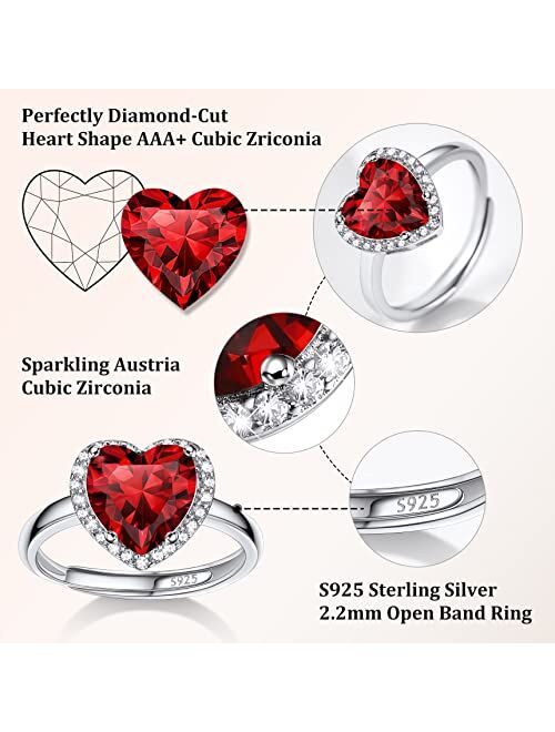 Bestyle 925 Sterling Silver Birthstone Rings for Women Girls with Clear 2ct Heart/Round/Teardrop/Square Crystal, Solitaire Diamond Halo Open Bands Cubic Zirconia Rings Ad