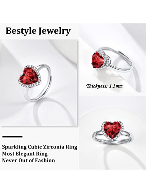 Bestyle 925 Sterling Silver Birthstone Rings for Women Girls with Clear 2ct Heart/Round/Teardrop/Square Crystal, Solitaire Diamond Halo Open Bands Cubic Zirconia Rings Ad