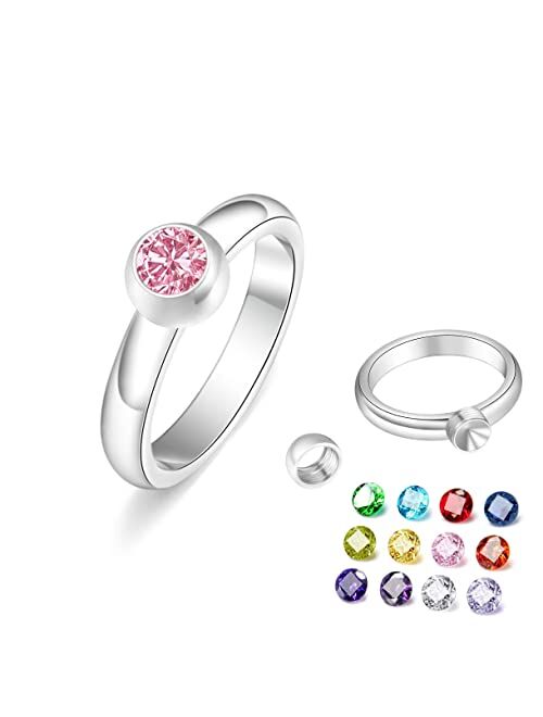 Yodowel Birthstone Rings for Women CZ Crystal Rings for Girls Stainless Steel Rings Cute Pinky Ring for Teen Girls Aesthetic Jewelry