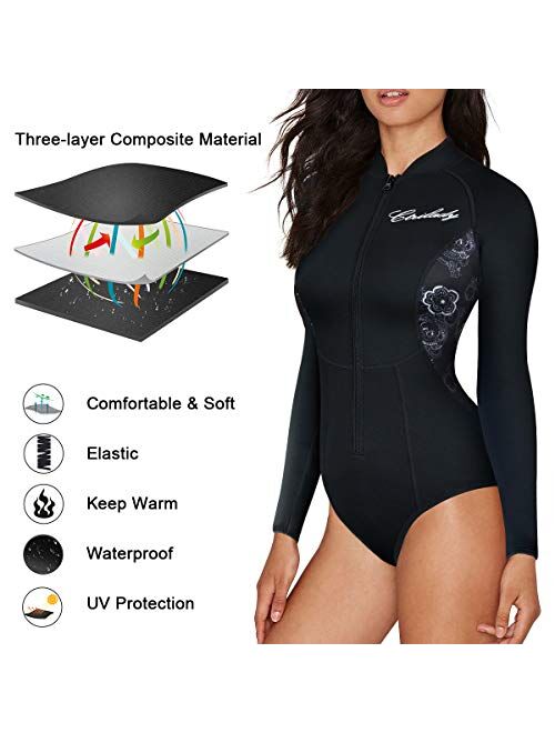 CtriLady Women Neoprene Wetsuit, Long Sleeve Swimsuit with Front Zipper UV Protection Swimwear for Swimming Diving Snorkeling