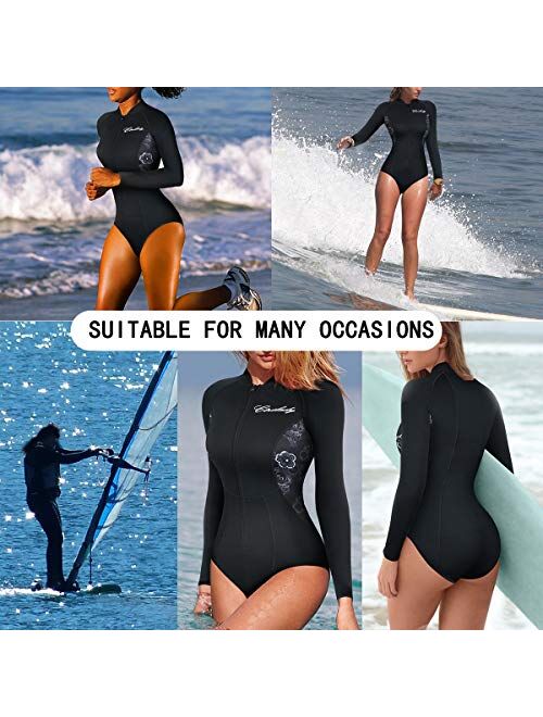 CtriLady Women Neoprene Wetsuit, Long Sleeve Swimsuit with Front Zipper UV Protection Swimwear for Swimming Diving Snorkeling