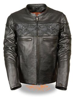 Milwaukee Leather Men's Crossover Stand Up Collar Motorcycle Jacket w/ Reflective Skulls & Two Inside Gun Pockets
