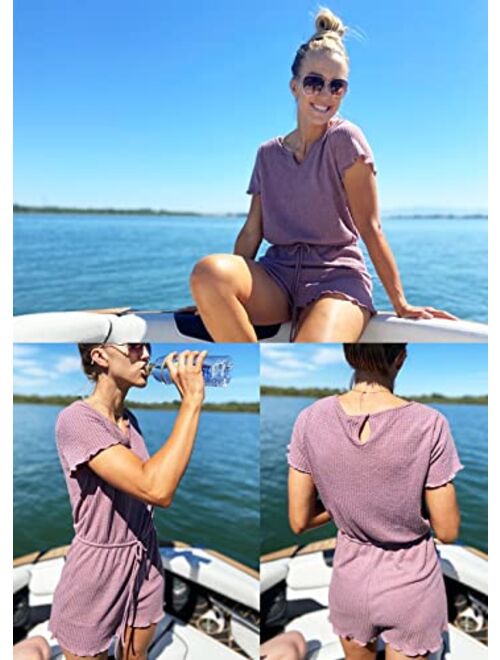 IWOLLENCE Rompers for Women Waffle Knit Notch Neck Summer Casual Beach Drawstring Shorts Jumpsuit Lettuce Trim Loungewear
