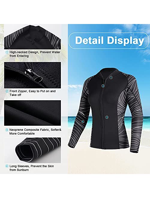CtriLady Wetsuit Top Women Wetsuit Long Sleeve Jacket, Neoprene 1.5mm High-Necked Wetsuits with Front Zipper for Swimming Diving Surfing Boating Kayaking Snorkeling