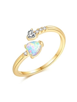Lasidor Larsidor Adjustable Opal Ring for Women Teen Girls Ladies 14K White Gold Plated Heart/Oval Shape Stacking Rings Fire Opal Jewelry