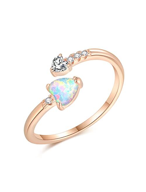 Lasidor Larsidor Adjustable Opal Ring for Women Teen Girls Ladies 14K White Gold Plated Heart/Oval Shape Stacking Rings Fire Opal Jewelry