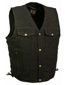 Milwaukee Men's Motorcycle Blk Side Lace Denim Vest W/2 Gun Pockets Chest & Side Pockets