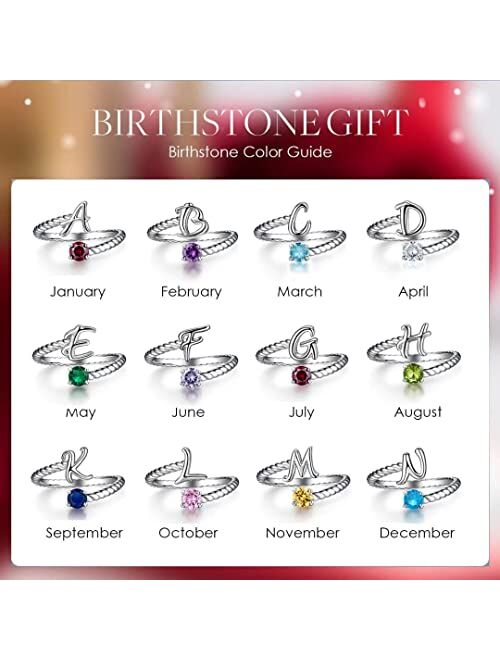 Ailaaila Adjustable A to Z Initial Letter Ring |1-12 Month Birthstone Rings for Girls Women | Personalized 26 Alphabet White Gold Plated Stacking Ring Birthday Jewelry Gi