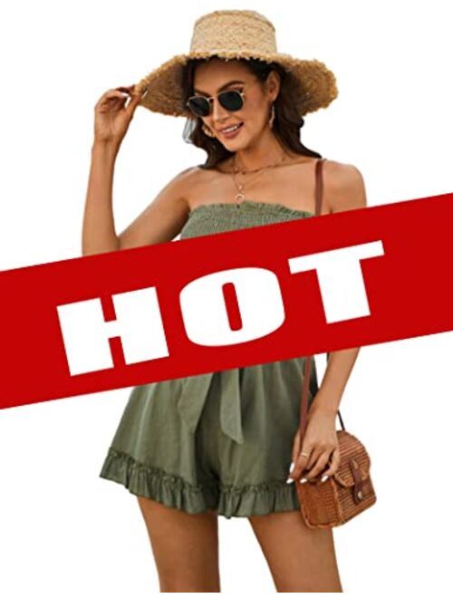 Zexxxy Womens Summer Off Shoulder Smocked Rompers Strapless Ruffle Jumpsuit Cotton Linen Short Beach Vacation Outfits S-XXL