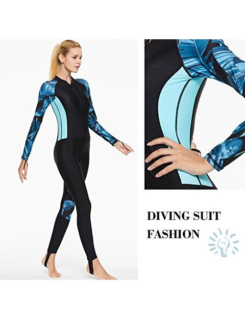 Feoya Women's Full Body Wetsuit Surfing Diving Suit Scuba Dive Skin Rash Guard One Piece Long Sleeve Zip Quick Dry Sunsuit
