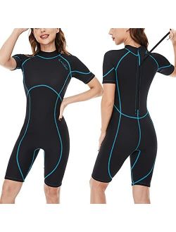 OMGear Wetsuit Women Men 2mm Neoprene Dive Shorty Wet Suit Thermal Short Sleeve Swimsuit for Adults Front Zipper UV Protection Bathing Suit for Snorkeling Scuba Diving Fr