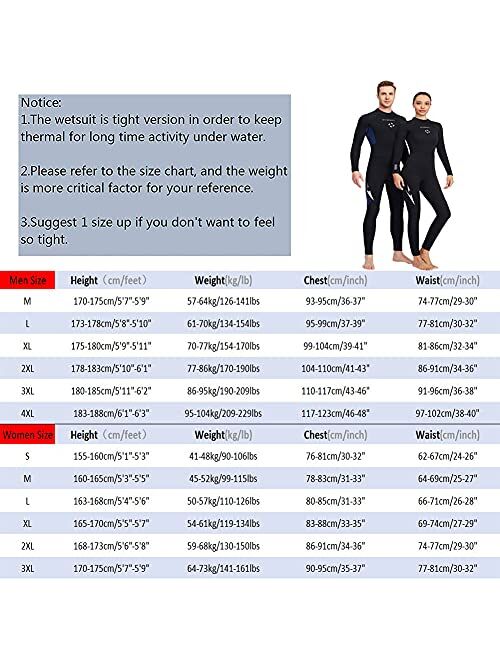Skyone Wetsuit Women Men Full Body Wet Suit 3MM Neoprene Surfing Scuba Diving Suits, One Piece Long Sleeve Wetsuits Back Zip Thermal Swimsuit for Swimming Snorkeling Kaya