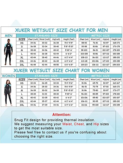 XUKER Women Men Wetsuit 2mm 3mm, Neoprene Wet Suits Front/Back Zip in Cold Water Full Body Dive Suit for Diving Snorkeling Surfing Swimming Canoeing