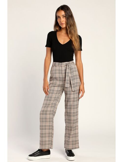 Lulus Making a Statement Pink Multi Plaid Tie-Front Trouser Pants