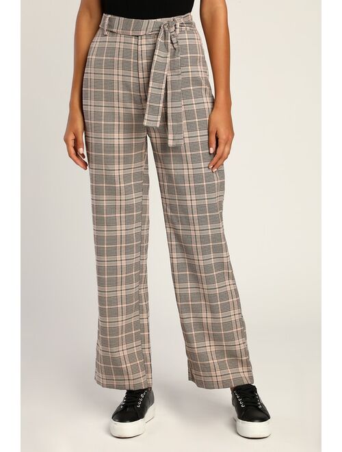 Lulus Making a Statement Pink Multi Plaid Tie-Front Trouser Pants