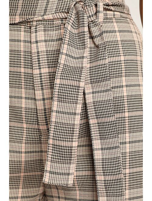 Lulus Making a Statement Pink Multi Plaid Tie-Front Trouser Pants