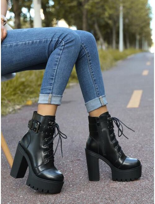 Shein Studded Buckle Decor Lace up Boots