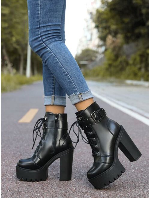 Shein Studded Buckle Decor Lace up Boots