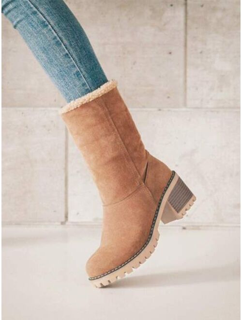 Shein Suede Cotton Lining Chunky Heeled Snow Boots