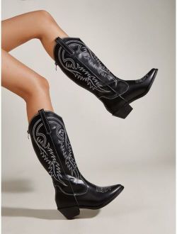 Graphic Pattern Chunky Heeled Western Boots