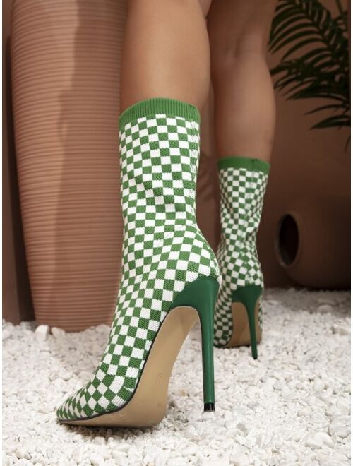Shein Checkered Pattern Point Toe Stiletto Heeled Sock Boots
