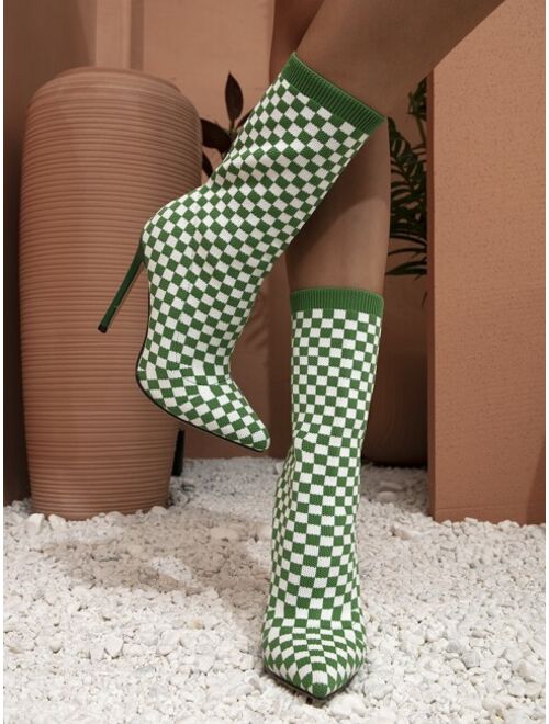 Shein Checkered Pattern Point Toe Stiletto Heeled Sock Boots