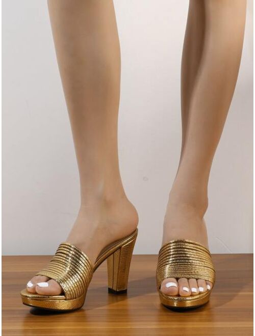 Shein Metallic Snakeskin Embossed Platform Chunky Heeled Mule Sandals
