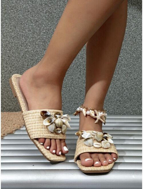 Shein Shell Decor Straw Slide Sandals