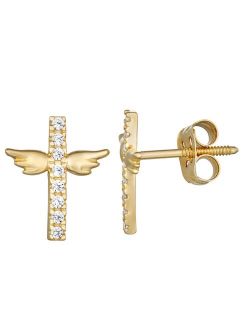 Charming Girl 14K Gold Cubic Zirconia Winged Cross Stud Earring