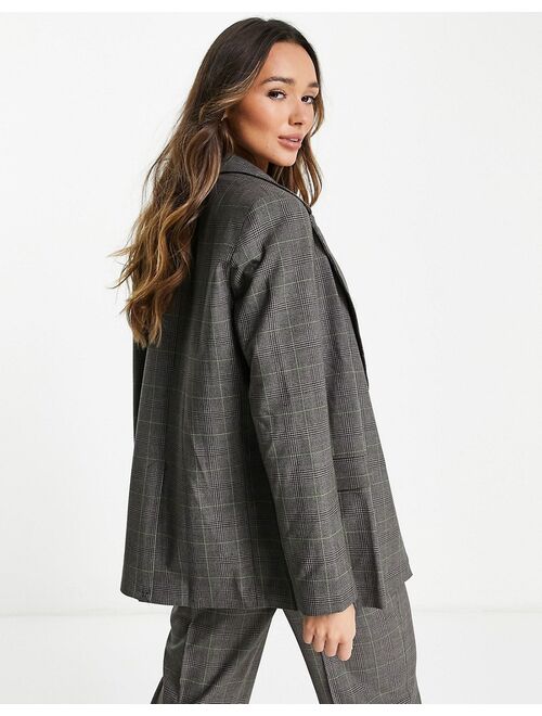 Topshop wrap double breasted plaid blazer in brown
