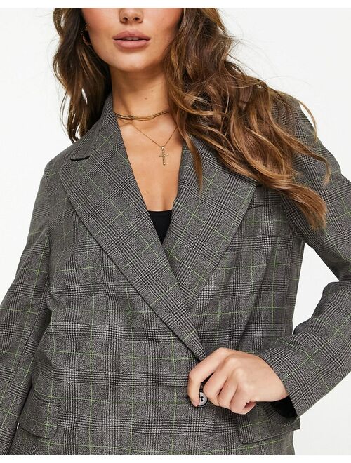 Topshop wrap double breasted plaid blazer in brown