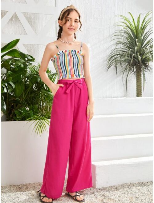 SHEIN Teen Girls Frill Trim Striped Print Ruffle Hem Cami Top & Wide Leg Belted Pants