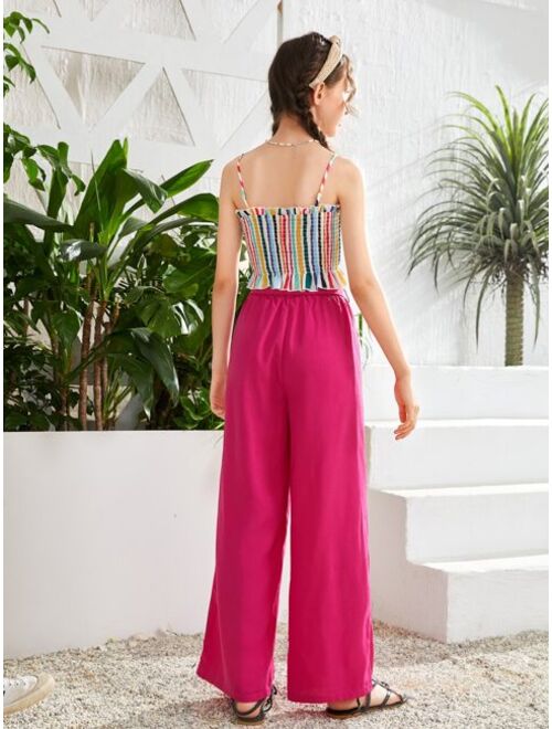 SHEIN Teen Girls Frill Trim Striped Print Ruffle Hem Cami Top & Wide Leg Belted Pants