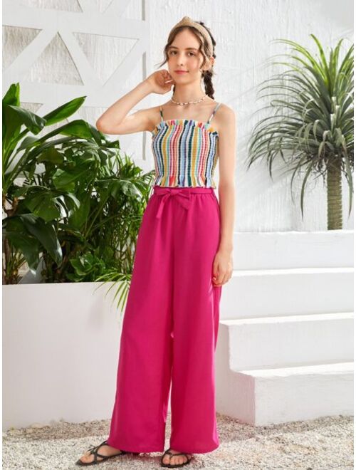 SHEIN Teen Girls Frill Trim Striped Print Ruffle Hem Cami Top & Wide Leg Belted Pants