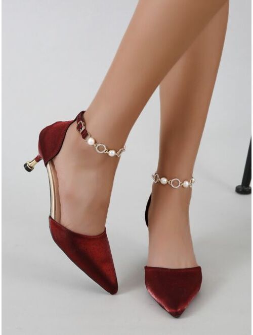 Shein Faux Pearl Decor Point Toe Stiletto Heeled Ankle Strap Pumps